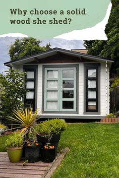 Beautiful she shed made of natural wood, painted in white with dark trim, and with stylish interior furnishings 8x8 She Shed, Backyard Cabin Shed, 10x12 Garden Shed, She Shed With Sliding Glass Door, Prefab Storage Shed Tiny House, Diy She Shed, Garden Shed Kits, Backyard Creations, House Backyard