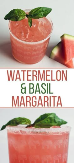 watermelon and basil margarita cocktail with mint garnish on the rims