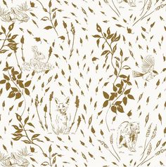 an animal and plants pattern is shown in gold on a white background with brown leaves