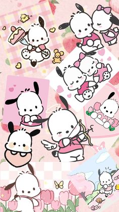 hello kitty stickers on pink background with flowers and hearts in the center, including an image of two cats