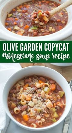 two bowls of olive garden copycat meat and vegetable soup with a spoon in it