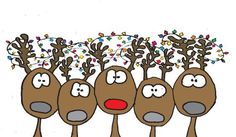 five reindeers standing in a row with christmas lights on their heads and noses, all looking at the same person