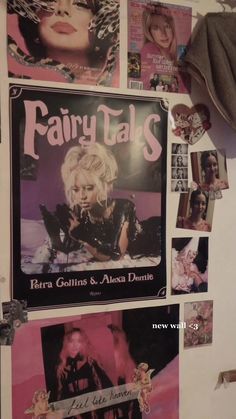 there is a wall covered with posters and magnets in the room that says fairy tales