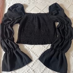 Brand New Never Worn Casual Black Fitted Blouse, Trendy Black Cotton Blouse, Trendy Black Stretch Blouse, Black Tops For Day Out, Casual Black Long Sleeve Blouse, Black Cotton Top For Night Out, Black Fitted Tops For Day Out, Casual Black Blouse For Spring, Trendy Black Spring Tops