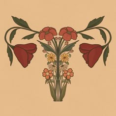 a drawing of flowers with leaves and stems on a beige background in the style of art nouveau