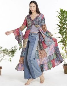 100% Silk Multicolor Silk Maxi Kimono, Bohemian Multicolor Silk Kimono, Festive Multicolor Silk Kimono, Silk Kimono With Patchwork, Multicolor Printed Hippie Kimono, Crochet Dress Boho, Silk Kimono Jacket, Gilet Long, Silk Kimono