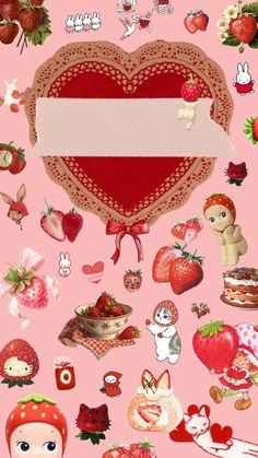 the heart is surrounded by many different items on pink background, including strawberries and other things