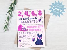 a pink and blue birthday card with a dress on it