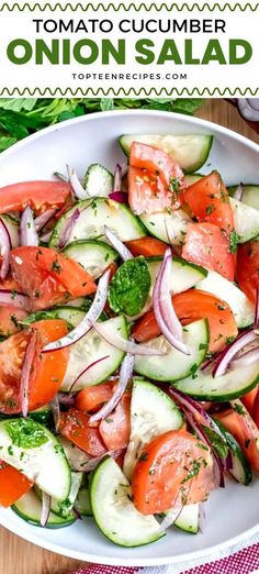 a white bowl filled with cucumber and tomato salad