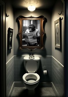 a bathroom with a toilet, mirror and pictures hanging on the wall in front of it