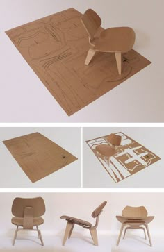 three different views of the furniture made out of cardboard and plywood, including a chair