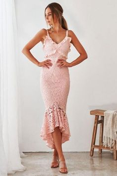 Ballbella offers Elegant Pink High low V-neck Chic Homecoming Dress On Sale at a cheap price from Lace to Mermaid Ankle-length hem. Gorgeous yet affordable Prom Dresses Evening V-neck Lace Dress With Ruffles, V-neck Ruffled Lace Dress For Party, Pink V-neck Lace Dress With Lace Trim, Elegant Dress With Ruffle And Mermaid Hem, Sleeveless Lace Midi Dress With Ruffle Hem, Elegant Pink Lace Dress With Ruffles, Evening Lace V-neck Dress With Ruffles, Spring Lace Dress With Mermaid Hem, Feminine V-neck Dress With Scalloped Lace