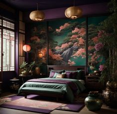 Japanese Maximalism Interior, Chinese Inspired Bedroom, Japanese Bedroom Ideas Modern, Royal Purple Bedrooms, Majestic Bedroom, Rustic Bed Design, Green And Purple Bedroom, Japanese Bedrooms, Modern Japanese Bedroom