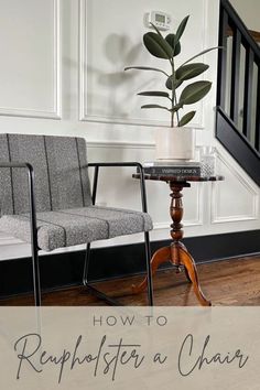 a chair sitting next to a table with a potted plant on top of it