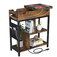 a wooden shelf with some books on top of it and a power cord in the middle