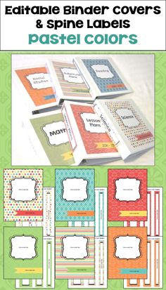 colorful binder covers and paper labels with the words pastel colors written on them