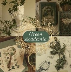 the collage shows green and white greeting cards with flowers, birds, and other decorative items