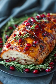 Roast chicken garnished with rosemary and cranberries. Christmas Dinner Main Dish Ideas, Christmas Meal Plan, Holiday Cooking Christmas Dinner Recipes, Boxing Day Buffet Ideas, Christmas Meal Ideas Dinner, Turkey Breast Roulade, Pomegranate Lamb, Christmas Lunch Recipes, Glazed Turkey Breast