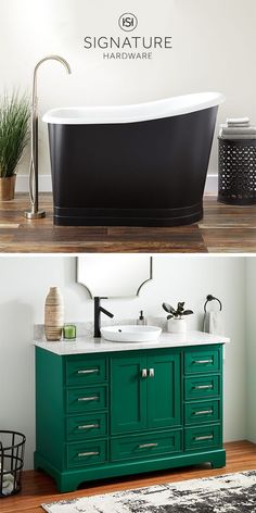 there are two pictures of the same bathtub in this bathroom, one is green and the other is black