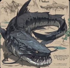 Giant Fish Fantasy Art, Sea Dragon Concept Art, Tropical Fantasy Creatures, Mythical Creatures Art Mythology, Sea Monster Concept Art, Animal Rpg, Fish Character Design, Mythical Pets, Monster Of The Week