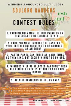 an advertisement for the contest with fruit and vegetables in baskets on top of a checkered table