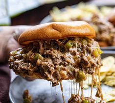 a close up of a sandwich on a plate with chips