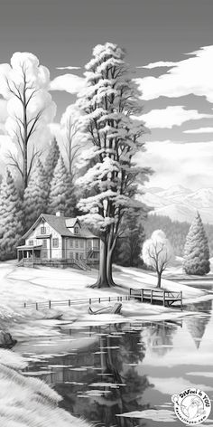 a black and white drawing of a winter scene with a lake, snow covered trees and a house