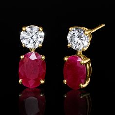 Ross-Simons - 3.20ct t. w. Ruby, 1.00ct t. w. Lab Grown Diamond Drop Earrings in 14kt Yellow Gold. An RS exclusive. Treat yourself to a unique blend of lab-grown diamonds and mined precious gemstones at an incredible value. These dazzling drop earrings feature fiery 3.20 ct. t. w. oval rubies topped with icy sparkle from 1.00 ct. t. w. round brilliant-cut lab-grown diamond tops. Finely crafted in polished 14kt yellow gold. Lab-grown diamonds are identical to mined diamonds according to their opt Elegant Ruby Earrings Gia Certified, Classic Ruby Diamond Earrings With Accents, Classic Ruby Diamond Earrings With Diamond Accents, Classic Red Diamond Earrings With Brilliant Cut, Classic Oval Diamond Earrings Aaa Quality, Ruby Top, Diamond Tops, Earrings In Gold, Diamond Drop Earrings