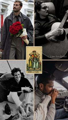 black and white photos of people with flowers on their heads, one man holding a guitar while the other woman holds a red rose