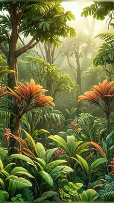 a painting of tropical plants and trees in the jungle with sunlight coming through the leaves