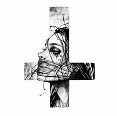 a black and white drawing of a woman's face next to a cross with vines on it