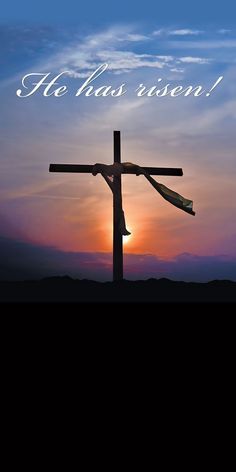 a cross with the words he has taken on it in front of a sky background