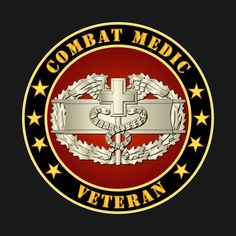 the combat medic veteran badge on a black background with gold stars and ribbons around it