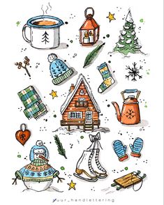 an illustration of christmas items in the shape of a house