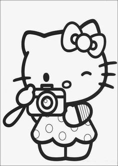 a hello kitty coloring page with a camera