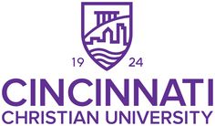 the cincinnatiian christian university logo is shown in purple on a white background with an orange and