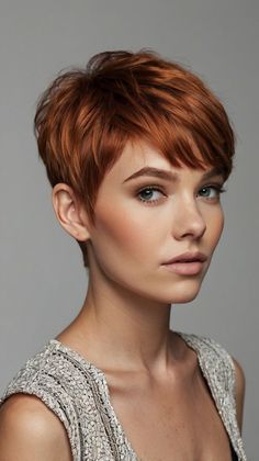 Retro Copper Waves 🌼 Cowgirl Copper Short Hair, Copper Short Hair Pixie Cuts, Short Copper Hair Pixie Hairstyles, Short Copper Hair With Blonde Highlights, Short Copper Red Hair, Copper Pixie Cut, Copper Lob, Short Copper Hair