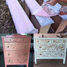 three different colored dressers with lace on them, one pink and the other white