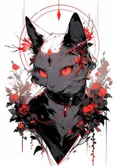 a drawing of a cat with red eyes and flowers on it's chest, in front of a white background