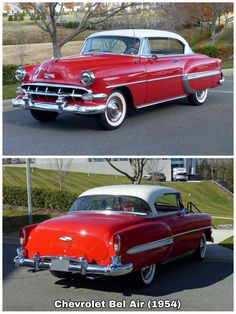 an old red and white car parked next to each other