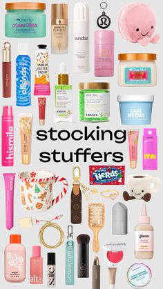 the words stocking stuff is surrounded by many different types of cosmetics and personal care products