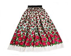 Long, fashionable, floral skirt with elastic lining. Hand-made to measure by local Polish seamstresses.  Sizes:  XS -> 55-62cm S -> 62-69cm M -> 69-77cm L -> 77-86cm XL -> 86-96cm XXL -> 96-108cm Standard length: 100 cm. If you need a shorter or longer skirt? Write!! :) The material is soft to the touch, crease-free fabric, and does not crease. The fabric drapes nicely thanks to the sewn-in lining. Intense, vivid colors, the color does not fade after repeated washing. Guarantee of the right size Polish Folklore, Non-stretch Multicolor Floral Print Skirt, Draped Fabric, Free Fabric, Skirt Length, Long Skirt, Floral Skirt, Everyday Fashion, Poland