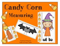 candy corn measuring game with pictures of witches and pumpkins on the front, and an orange background