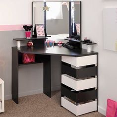 a desk with drawers and a mirror on top of it, in a girls'bedroom