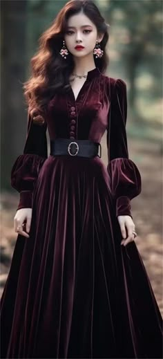 Lola: Long-sleeve Velvet V-Neck Dress – A Lark And A Lady Scarlett Darkness Clothing, Formal Witch Outfit, Womens Gothic Fashion, Wizard Inspired Outfits, Vampire Fashion Women, Dark Academia Formal Dress, Autumn Witch Outfit, Witch Dress Aesthetic, Gothic Witch Outfits