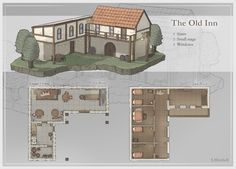 the old inn floor plan and elevation views, including an open - air living area