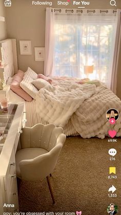 a bed room with a neatly made bed next to a window and a chair in front of it