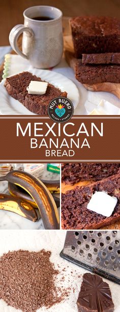 mexican banana bread with chocolate and cream on top, next to a cup of coffee