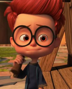 an animated character with red hair and glasses holding a hammer in front of a wooden structure