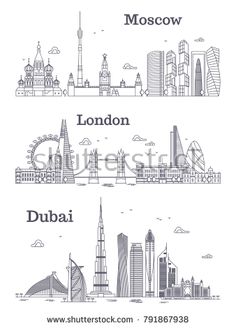 the skylines of london, dubai and moscow